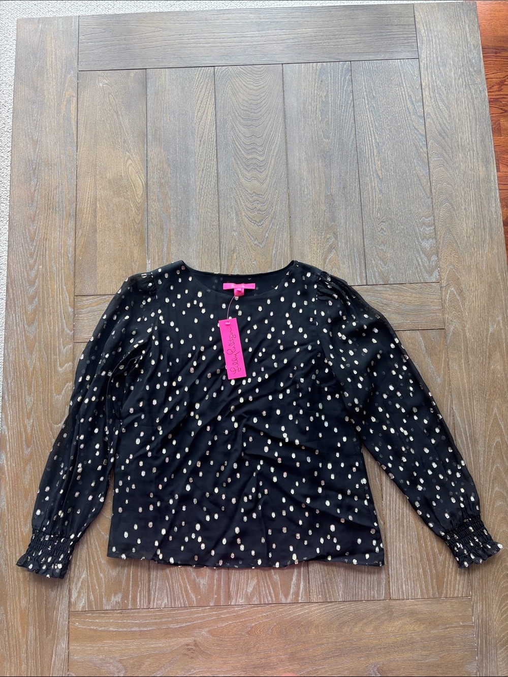 Lilly Pulitzer Black Blouse with Cream Dot Print